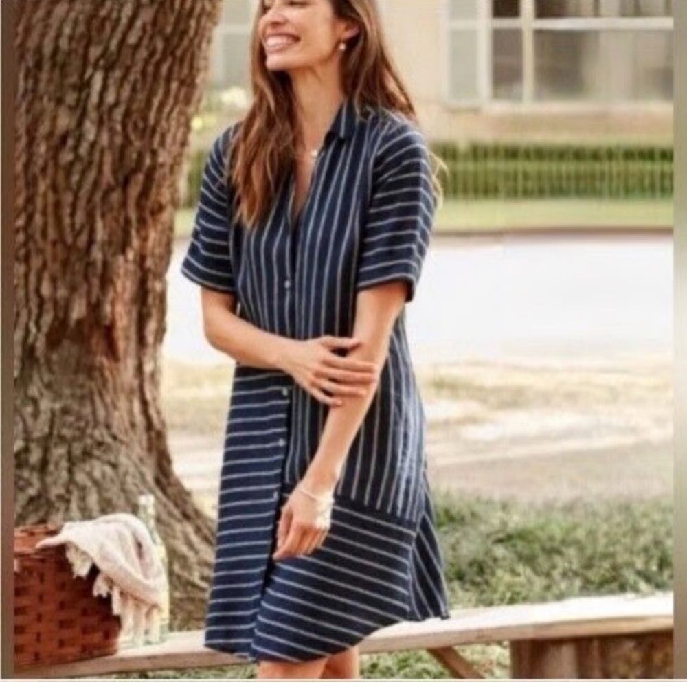 J. Jill Love Linen Navy and White Button Up Linen Relaxed lLinen Dress Sz Large - Picture 1 of 17